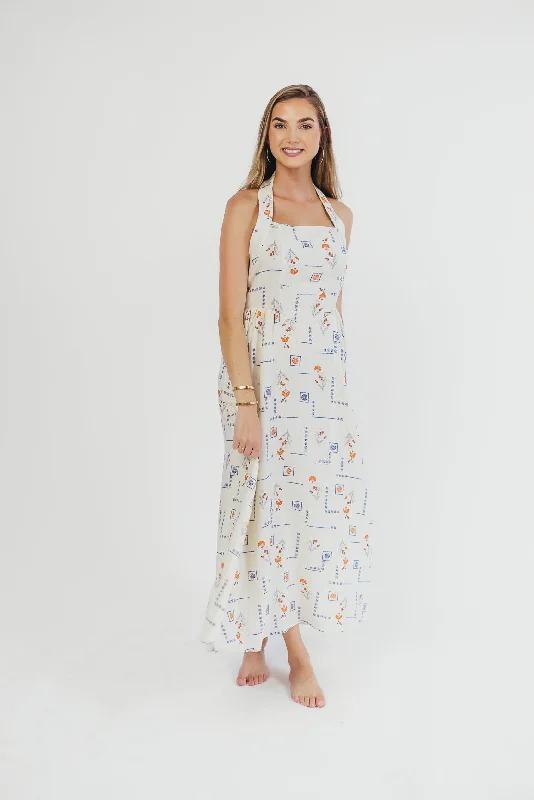 Athens Halter Midi Dress in White/Blue/Orange Comfortable Denim Midi Dress