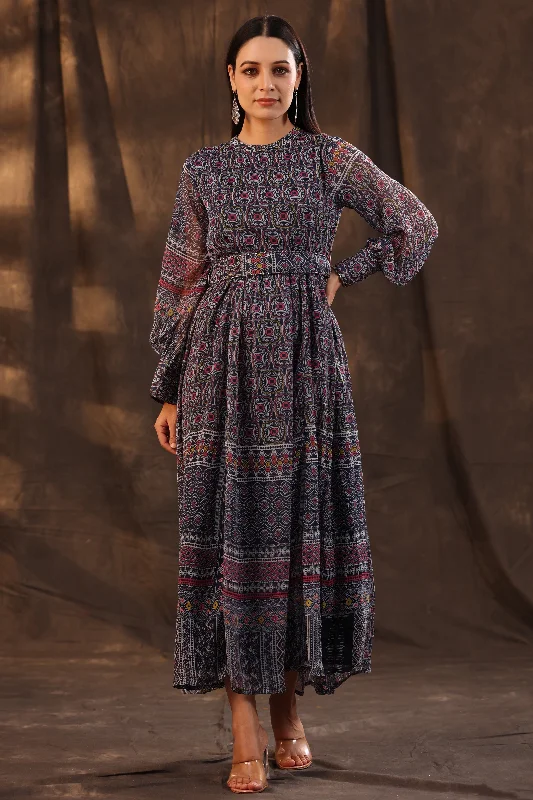 Navy Blue Chiffon Printed Flared Maxi Dress Chic Sleeveless Maxi Dress