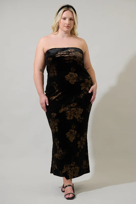 Ace Floral Dynamite Velvet Strapless Maxi Dress Curve Stylish A-Line Maxi Dress