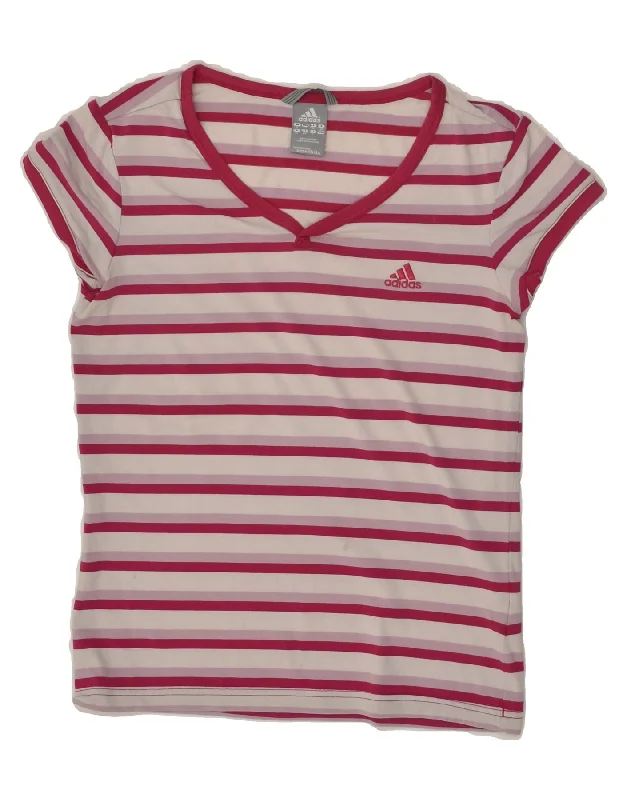 ADIDAS Womens T-Shirt Top UK 12 Medium Pink Striped Cotton Notch Collar Peter Pan Collar Cowl Neck