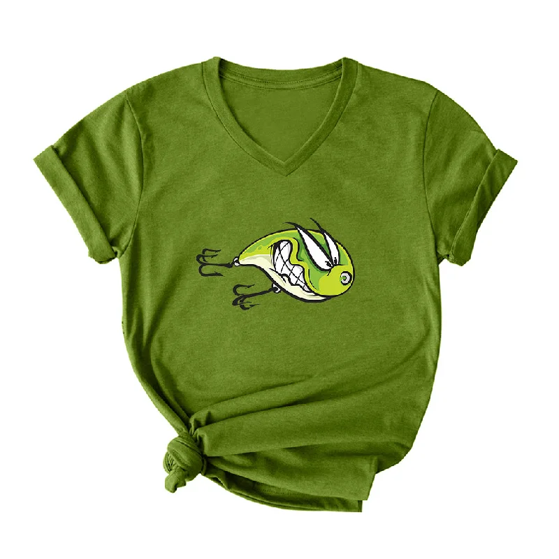 ANGRY FISHING LURE V Neck T-Shirt for Women Terry Blend Velvet Blend Canvas Blend