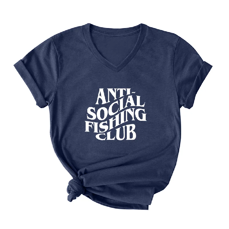 ANTI-SOCIAL FISHING CLUB V Neck T-Shirt for Women Asymmetrical Pockets Print