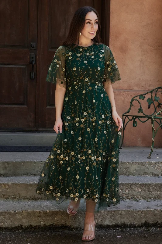 Arabella Embroidered Tulle Maxi Dress | Dark Green Floral Elegant Floral Maxi Dress