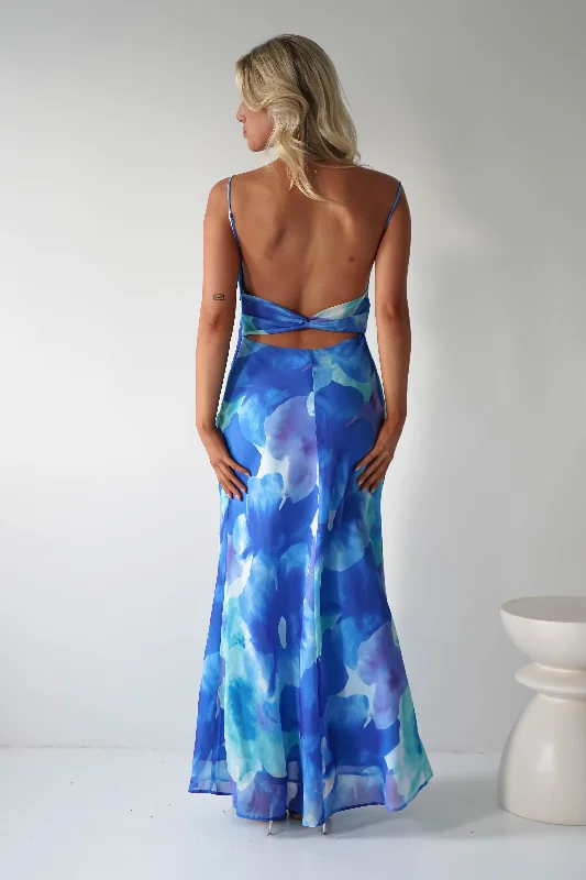 Ariel Chiffon Printed Maxi Dress | Blue Elegant Maxi Dress with Slit
