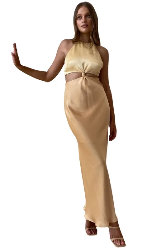 BEC + BRIDGE Carrie Halter Maxi Dress (Yellow Gold) - RRP $350 Comfortable Fitted Maxi Dress