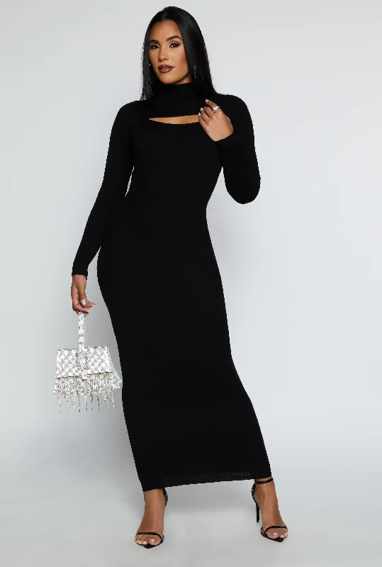 Ribbed Knit Cut Out Long Sleeve Maxi Dress Comfortable Pleated Maxi Dress