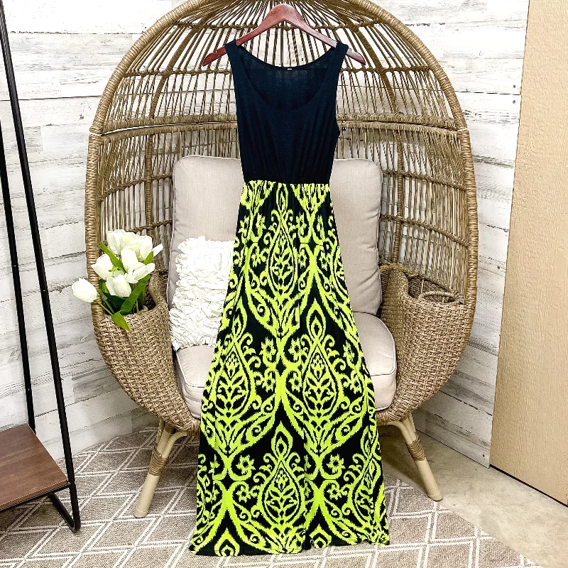 Last Chance Size Medium | Black Tank Maxi Dress in Black and Neon Green Damask Print Comfortable Satin Maxi Dress Last Chance Size Medium | Black Tank Maxi Dress in Black and Neon Green Damask Print Comfortable Satin Maxi Dress