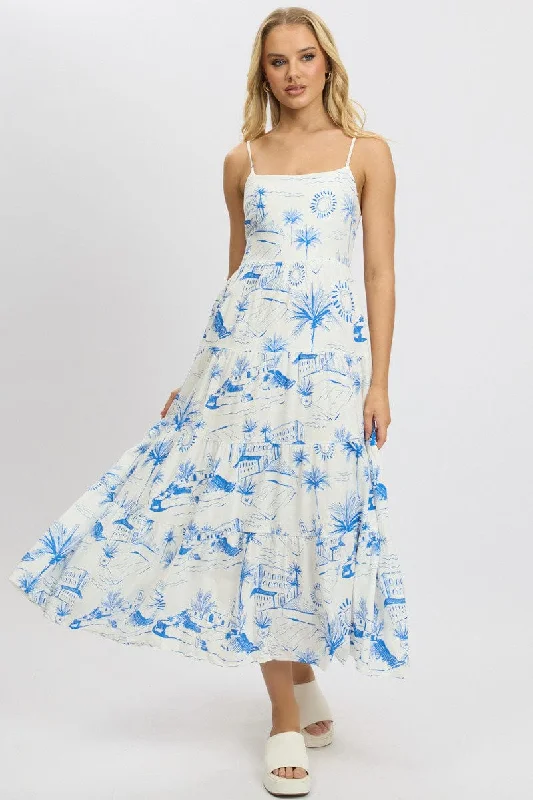 Blue Abstract Maxi Dress Tiered Strappy Comfortable Ruffle Hem Maxi Dress