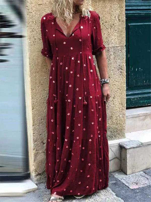 Bohemian Vintage Elegant Polka Dot Maxi Dress Trendy Button Front Maxi Dress