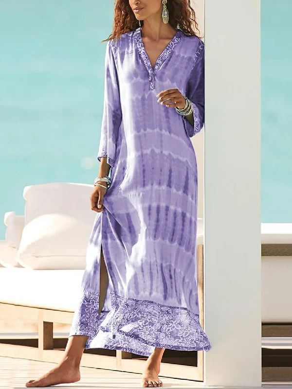 Casual 3/4 Sleeves Print V Neck Split Maxi Dress Trendy Maxi Dress with Bow