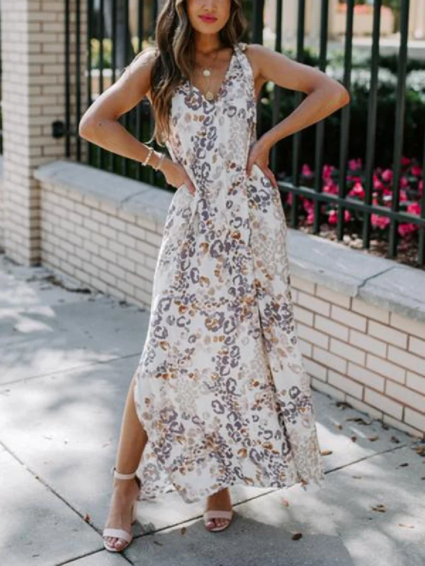 Casual Print V-neck Tie Loose Maxi Dress Stylish Pleated A-Line Maxi Dress