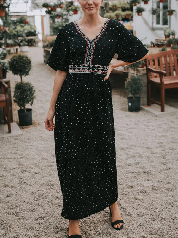 V-neck Dot Print Middle Sleeve Casual Maxi Dress Stylish V-Neck Maxi Dress