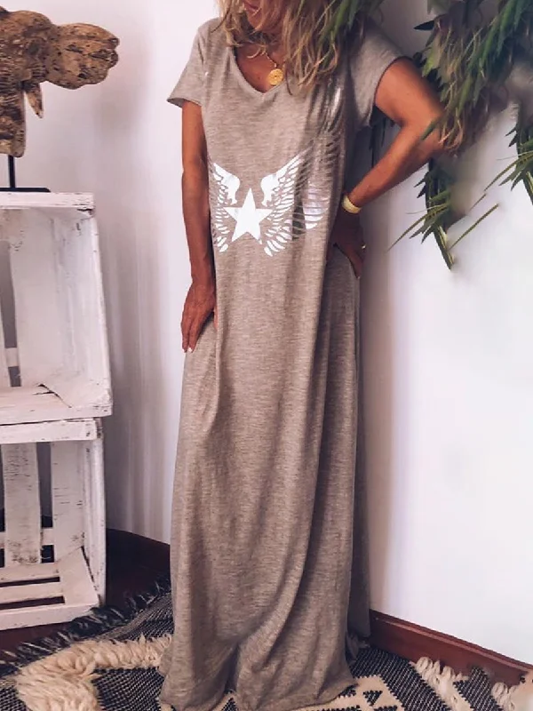Casual V-neck Printed Loose Maxi Dress Stylish Boho Maxi Dress