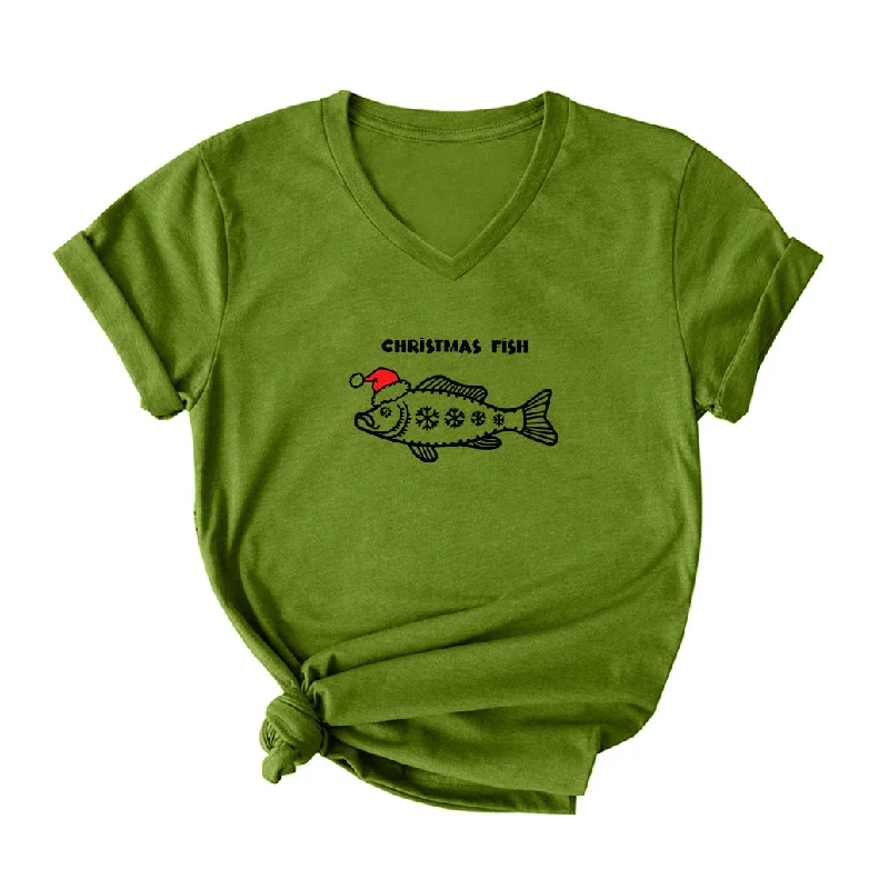 Christmas Fish V Neck T-Shirt for Women Nylon Fabric Polyester Fabric Spandex Fabric