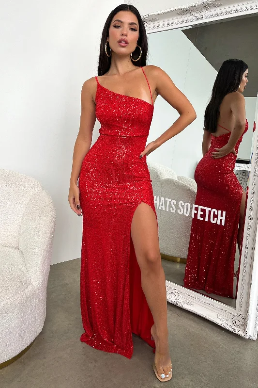 Ciara Maxi Dress - Red Sequin Cozy Spaghetti Strap Maxi Dress