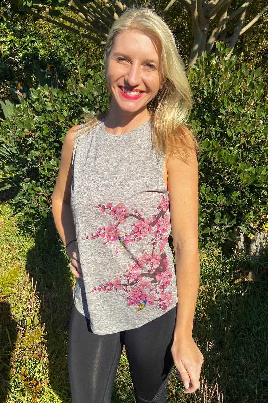 Cherry Blossoms With Hummingbirds Boyfriend Tee Beaded Sequined Faux Fur