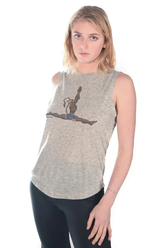 Hanuman Hanumanasana (Splits) On Linen Blend Boyfriend Tee V-Neck T-Shirt Long Sleeve Cotton