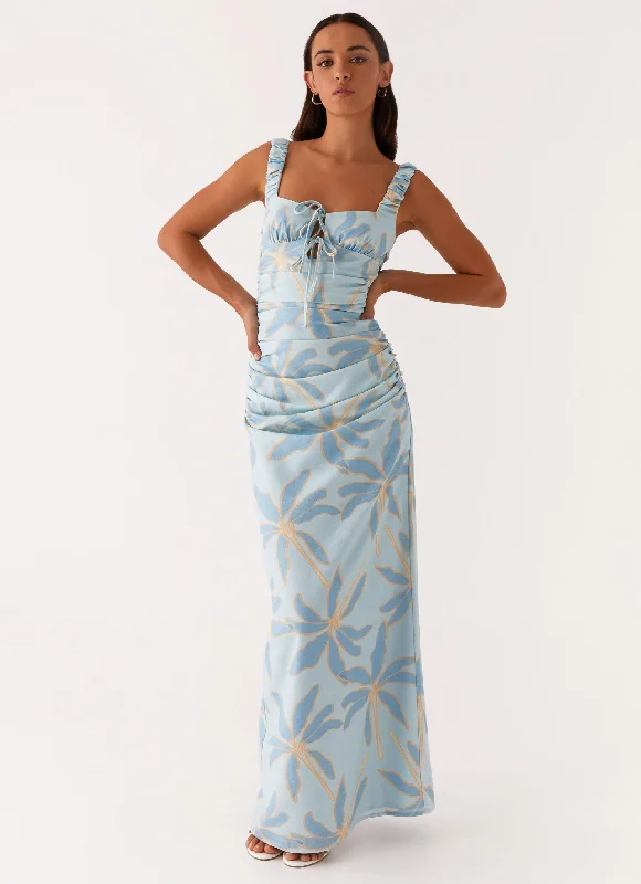 Cosmic Love Ruched Maxi Dress - Opulent Blue Trendy Floral Print Maxi Dress