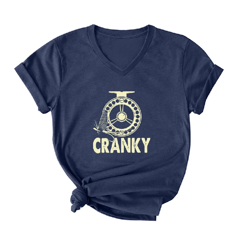 Cranky Fly Fishing V Neck T-Shirt for Women Print Jacquard Patchwork