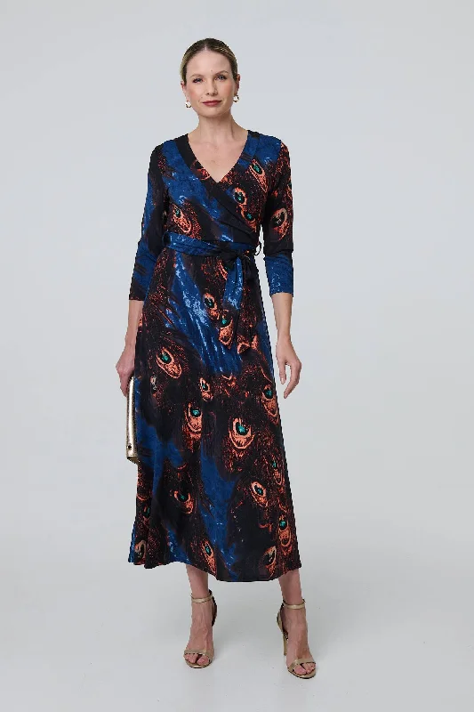 Peacock Print 3/4 Sleeve Wrap Maxi Dress Chic Off-Shoulder Maxi Dress