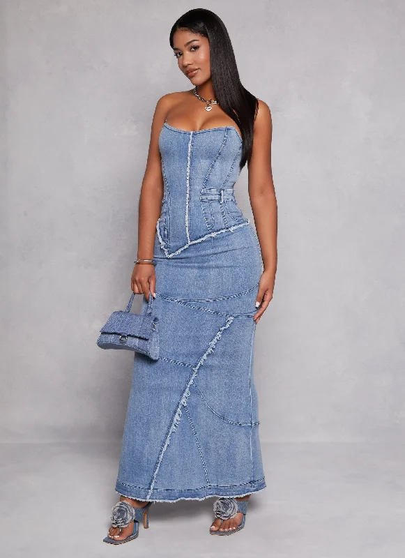 Denim Frayed Corset Maxi Dress Trendy Button Front Maxi Dress