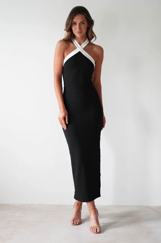 Donata Halterneck Maxi Dress | Black/White Elegant Sleeveless Maxi Dress
