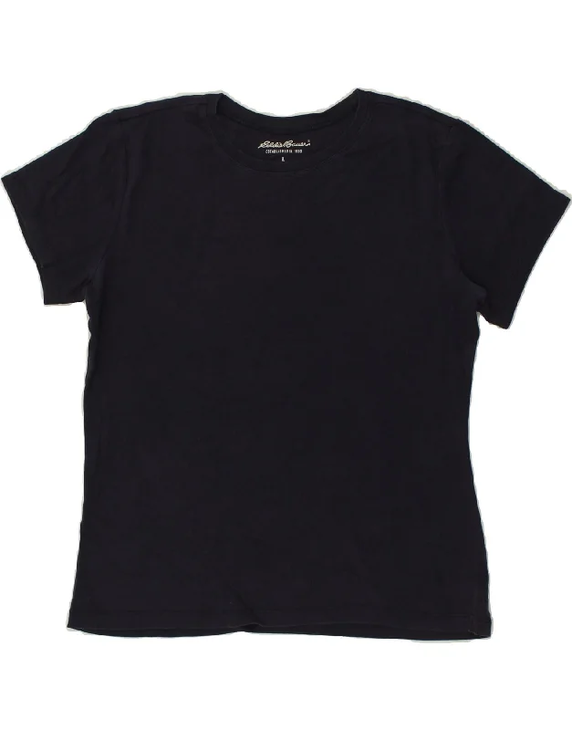 EDDIE BAUER Womens T-Shirt Top UK 16 Large Navy Blue Cotton Collared Crew Neck Turtle Neck