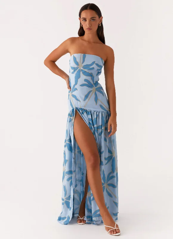 Eden Strapless Maxi Dress - Opulent Blue Cozy Ruffle Sleeve Maxi Dress