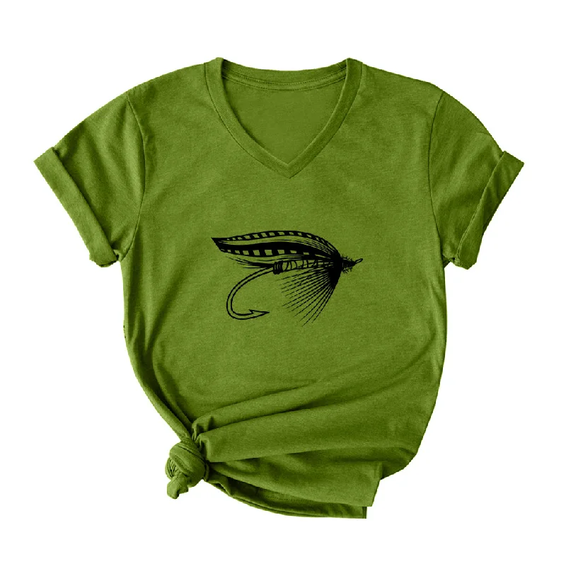 FLY FISHING LURE V Neck T-Shirt for Women Mesh Canvas Denim