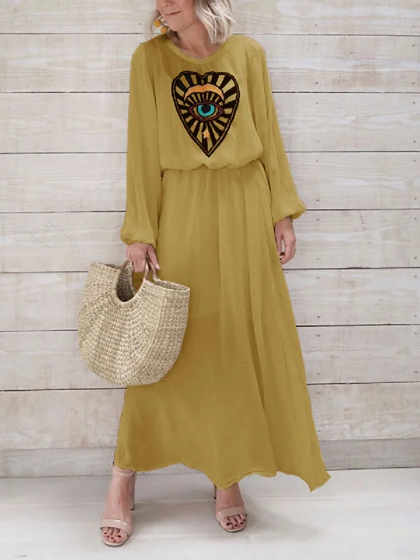 Follow Your Heart Print Round Neck Loose Maxi Dress Elegant Velvet Maxi Dress