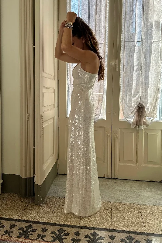 Gardenia White Sequin Maxi Dress Elegant Lace-Up Maxi Dress