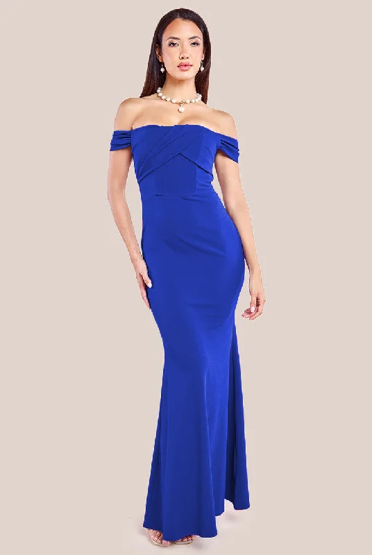 Goddiva Pleated Bardot Scuba Maxi Dress - Royal Blue Fashionable Sleeveless Maxi Dress