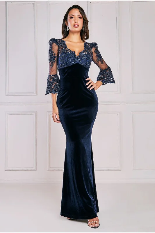 Goddiva Scalloped Lace & Velvet Maxi Dress - Navy Elegant Sleeveless Maxi Dress