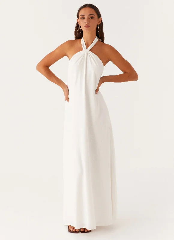 Golden Child Linen Maxi Dress - White Fashionable Open-Back Maxi Dress