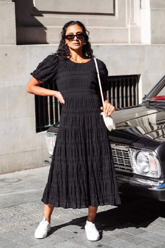 Graceful Black Shirred Cotton Bubble Sleeve Tiered Maxi Dress Cozy Ribbed Maxi Dress