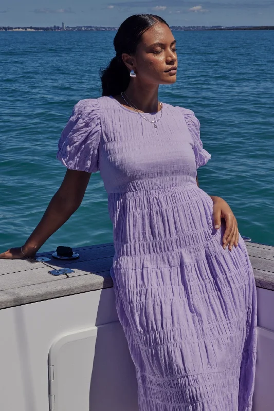 Graceful Lilac Shirred Cotton Bubble Sleeve Tiered Maxi Dress Cozy Open-Back Maxi Dress