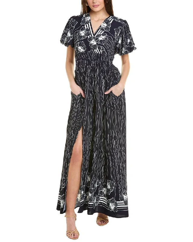 Gracia Lines & Flower Print V-Wrap Maxi Dress Comfortable Flowy Maxi Dress