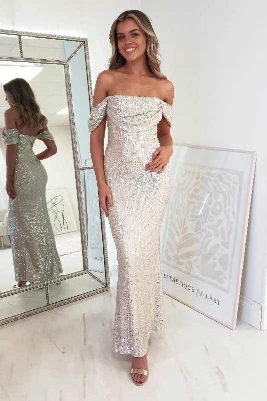 Haidy Sequin Maxi Dress | Champagne Cozy Longline Maxi Dress