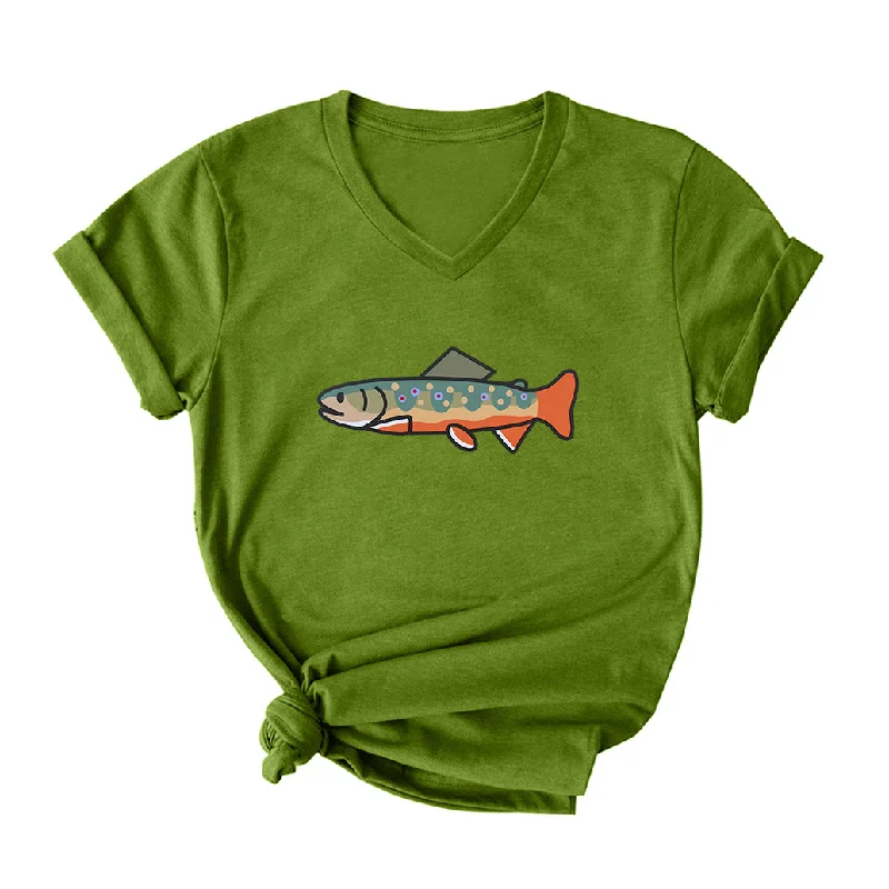 Happy Brook Trout V Neck T-Shirt for Women Chenille Blend Fleece Blend Nylon Blend