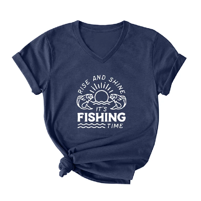 IT'S FISHING TIME V Neck T-Shirt for Women Front Pockets Side Pockets Patch Pockets