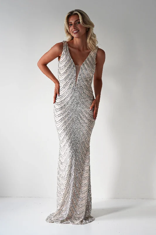 Julietta Sequin Bodycon Maxi Dress | Silver/Nude Trendy Maxi Dress with Bow