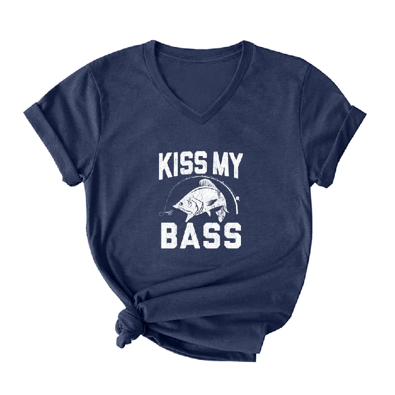 Kiss My Bass V Neck T-Shirt for Women Satin Fabric Silk Fabric Chiffon Fabric