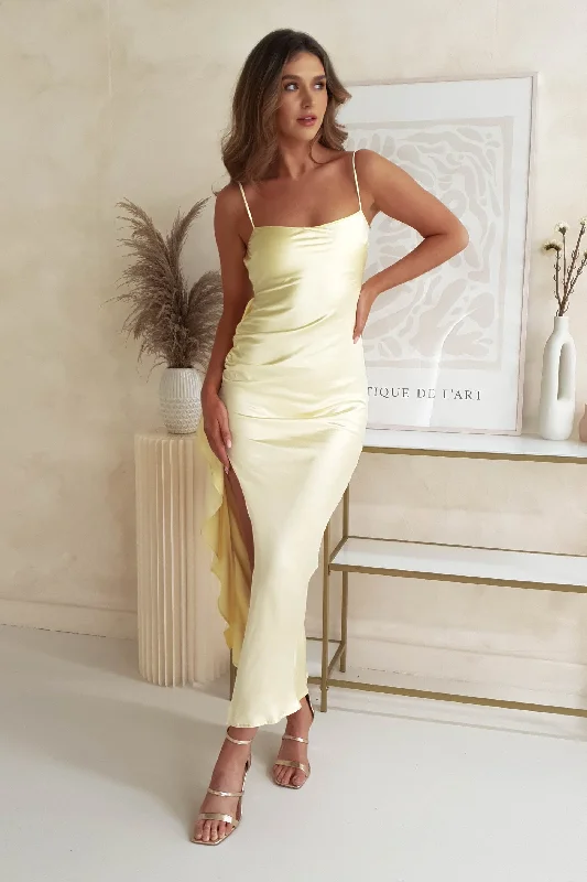 Kobi Satin Maxi Dress | Yellow Fashionable High-Low Maxi Dress