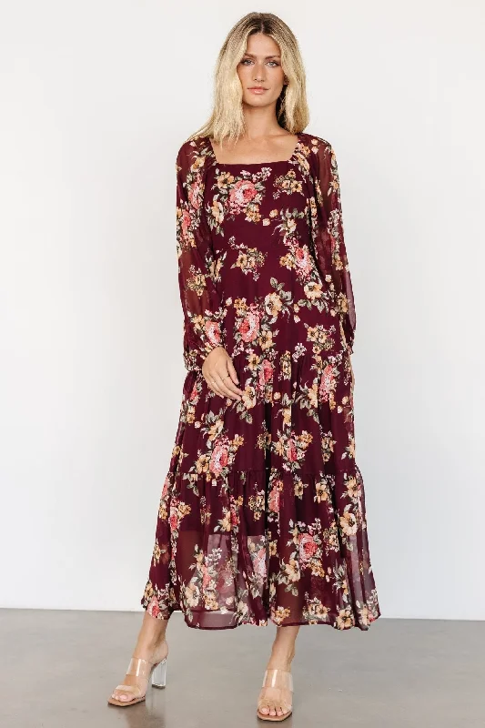 Kristy Maxi Dress | Wine Floral Comfortable Maxi Dress with Belt
