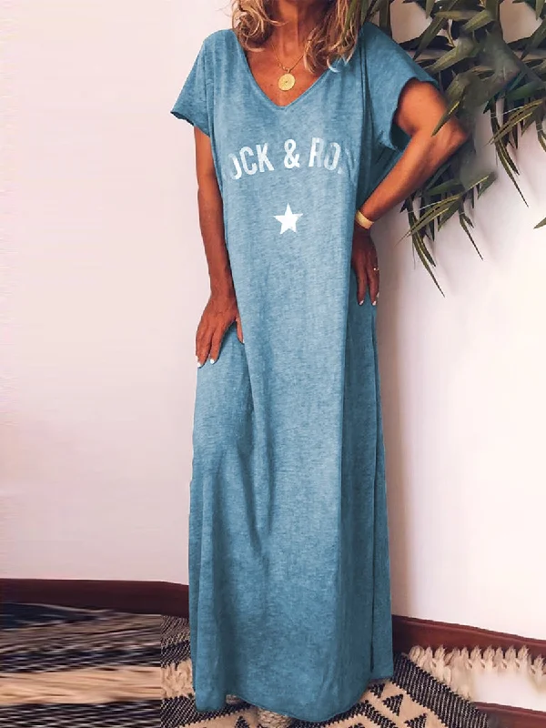 Letter Print Split Short-sleeved Maxi Dress Fashionable Faux Wrap Maxi Dress