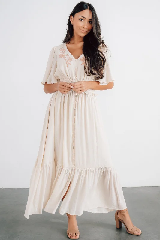 Luz Embroidered Maxi Dress | Natural Trendy Floral Print Maxi Dress