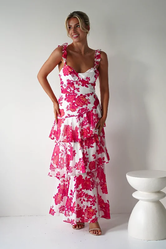 Madrid Ruffle Floral Maxi Dress | Red/White Chic Summer Maxi Dress