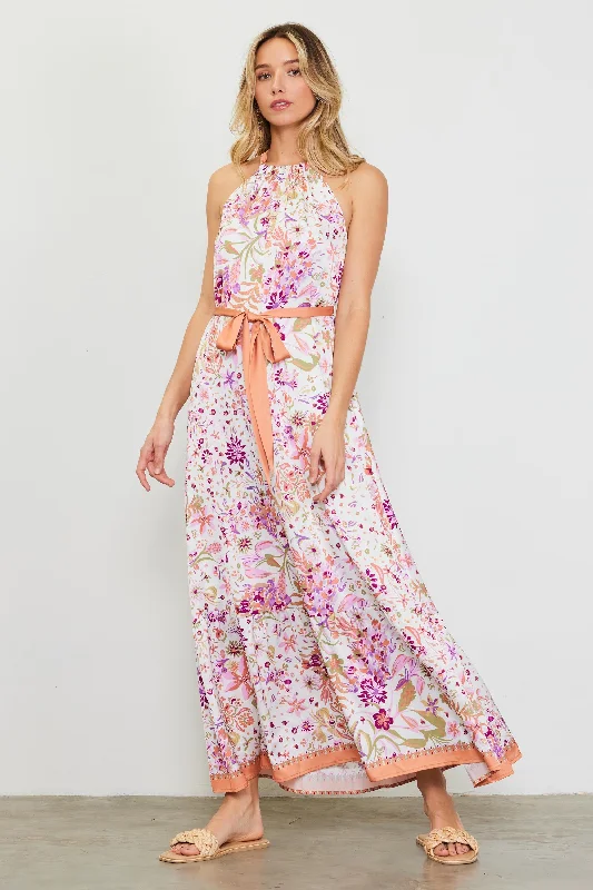 Magnolia Border Print Halter Neck Maxi Dress Fashionable High-Low Maxi Dress