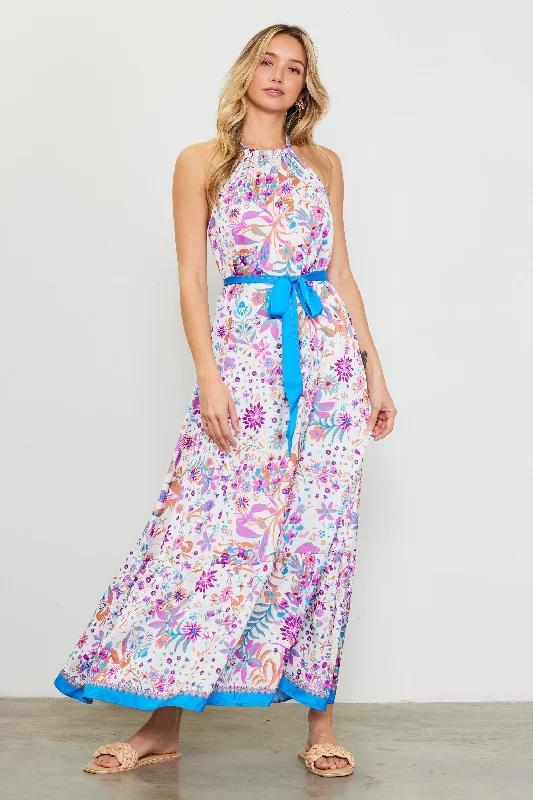 Magnolia Border Print Halter Neck Maxi Dress Elegant Sleeveless Maxi Dress