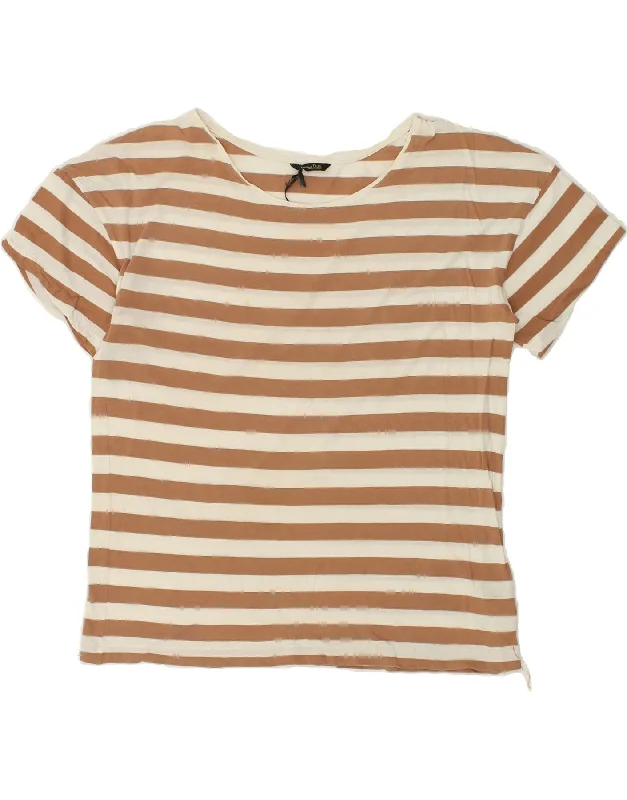 MASSIMO DUTTI Womens T-Shirt Top UK 14 Medium Brown Striped Cotton Handmade Hand-knitted Hand-woven